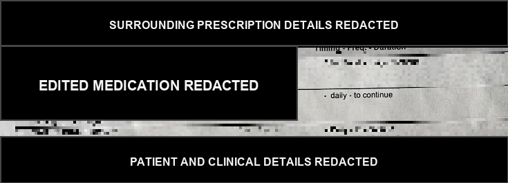 Redacted ChatGPT prescription editing output showing the edited medication row structure while sensitive details are covered.