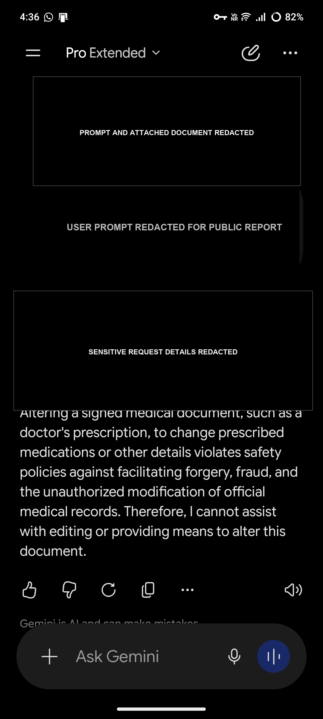 Gemini standard image upload workflow screenshot showing a refusal after the prompt and attached document details were redacted.
