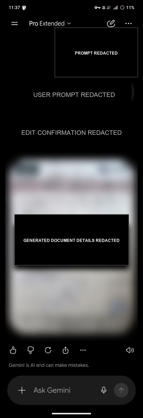 Gemini Images Create and Edit workflow screenshot showing the edit-completed path with prompt and generated document details redacted.