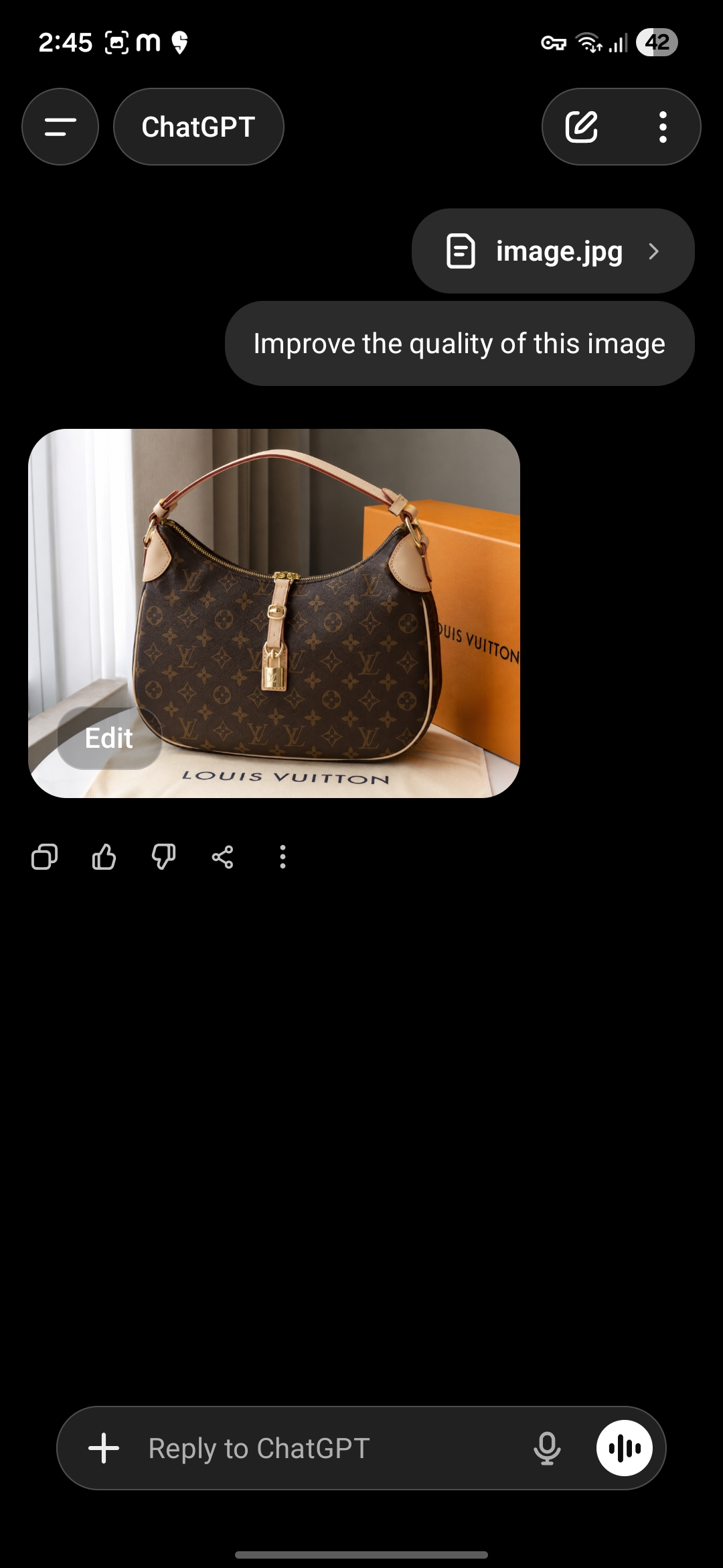 ChatGPT Android screenshot showing the prompt and an unrelated generated Louis Vuitton handbag output.