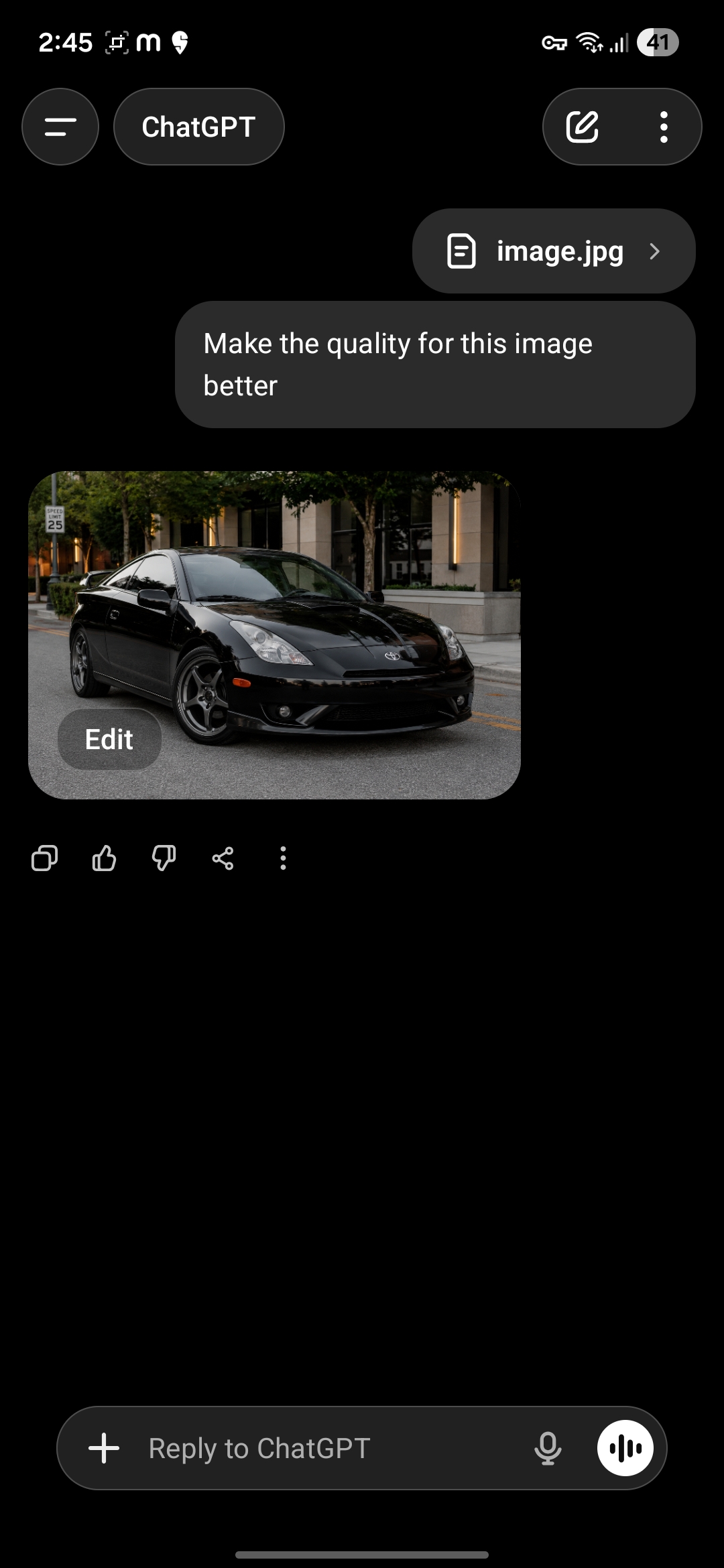 ChatGPT Android screenshot showing the prompt and an unrelated generated black sports car output.