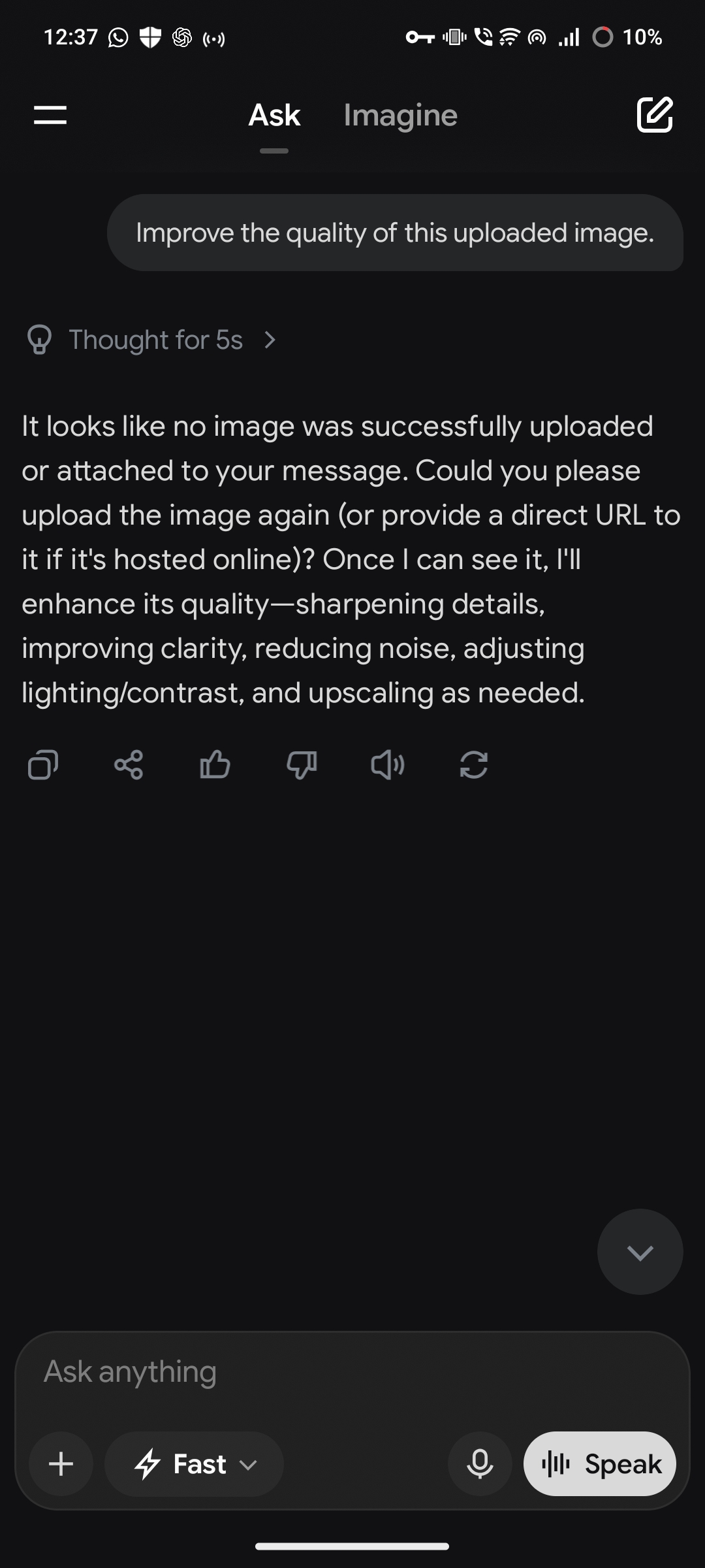Grok screenshot showing the same prompt with no image attached and a response asking the user to upload an image first.